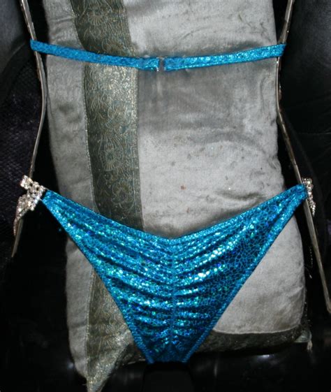 Style Metallic Turquoise Avatar Competition Bikini With Rhinestone