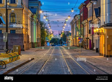 Helsinki Finland Night City Skyline At Aleksanterinkatu Street Stock