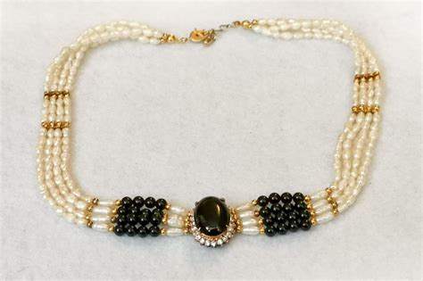 Four Strand Rice Pearl Black Onyx Necklace Kikulu Vintage Costume