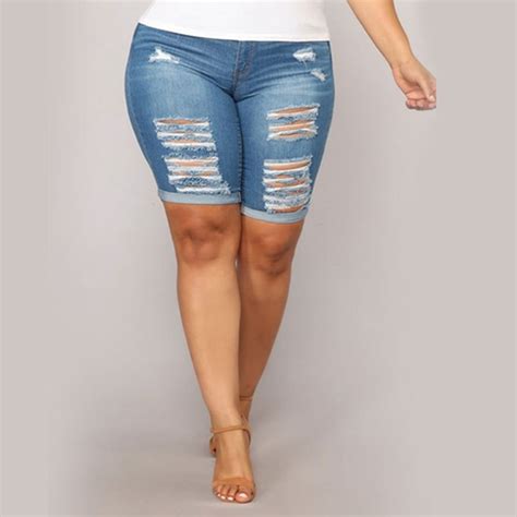 Plus Size Ripped Mid Waist Denim Biker Shorts For Bold Girls™ Women