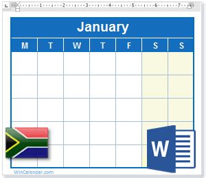 Word Calendar Template With Holidays South Africa Free Printable