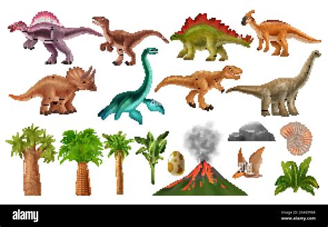 Dinosaurs Species And Jurassic Period Landscape Elements Realistic Set Isolated Vector