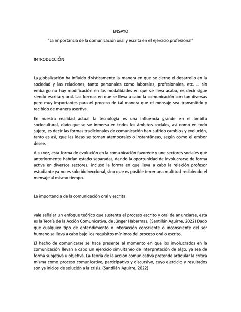 Ensayo Comunicacion Oral Y Escrita Ensayo La Importancia De La