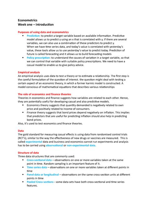 Econometrics W1 Lecture Notes 1 Econometrics Week One