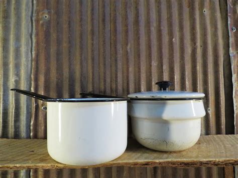 Vintage Enamelware Double Boiler Pans White With Black Trim Etsy