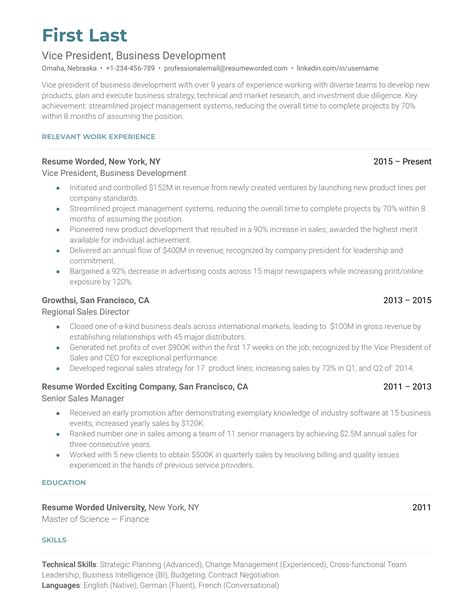 Vice President of Business Development Resume Example for 2023 | Resume ...