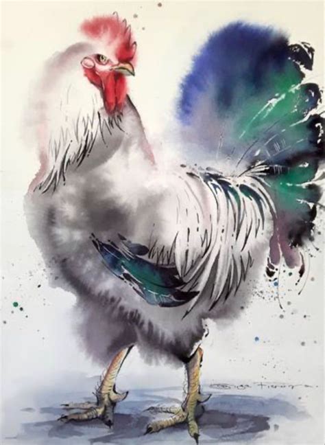 Pin On Animaux Nature In Watercolor Rooster Bird Watercolor