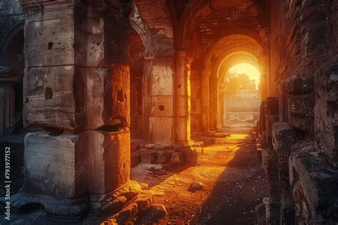 The Warm Glow Of Sunset Bathes Ancient Ruined Arches And Columns