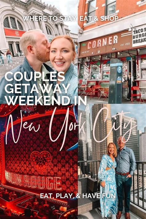 Two People Standing Next To Each Other In Front Of A Building With The Words Couples Getaway