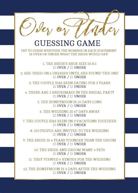 Over Or Under Bridal Shower Game Printables Bridal Shower Games Fun