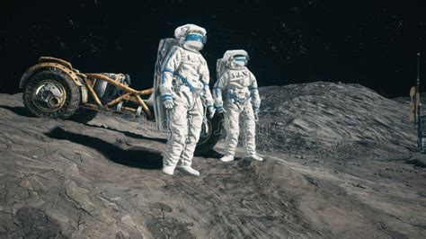 Astronautas Cerca De Su Resplandor Lunar Admiran La Base Lunar De Su