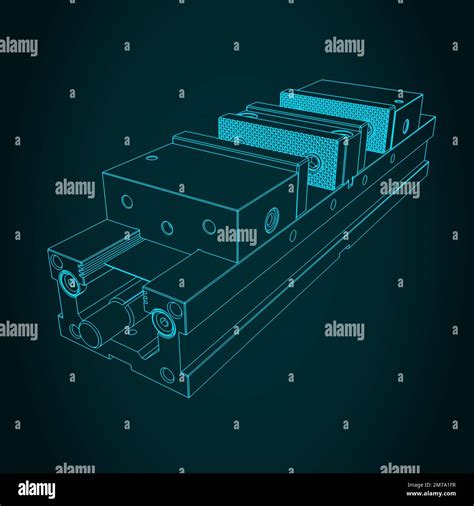 Stylized Vector Illustrations Of Blueprint Of Machine Vice For Cnc