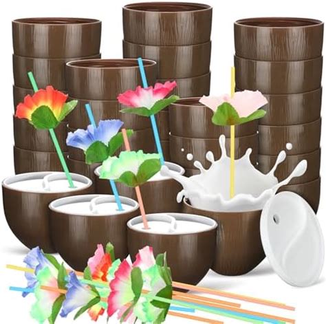 Amazon Hushee 30 Set Coconut Cups With Flower Straws Tropical Cups