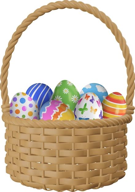 Premium Vector 3d Wicker Basket With Colorful Eggs Realistic Easter Eggs In A Basket