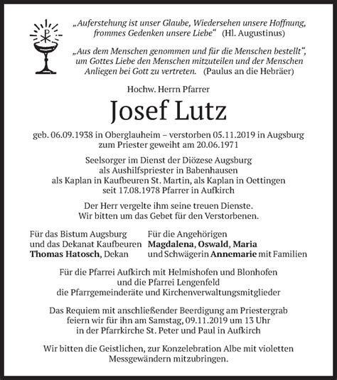 Traueranzeigen Von Josef Lutz Trauer Merkur De