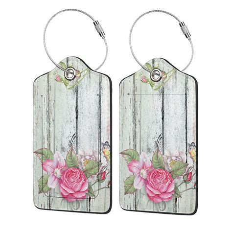 Disketp 4 Pcs Luggage Tag For Suitcase Vintage Wood With Floral Leather