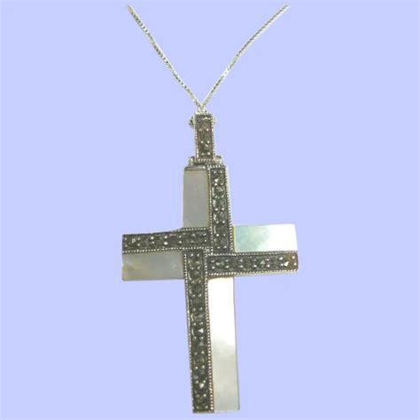 Sterling Silver Mother Of Pearl Marcasite Cross Pendant Necklace