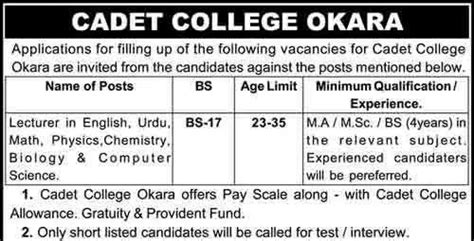 Cadet College Okara Jobs 2024 For Lecturer Latest Opportunities