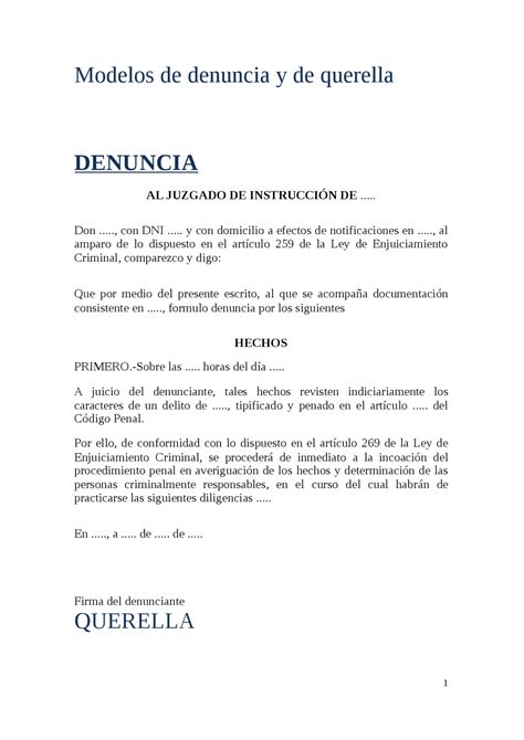 Modelo Denuncia Y Querella Apuntes De Derecho Procesal Docsity