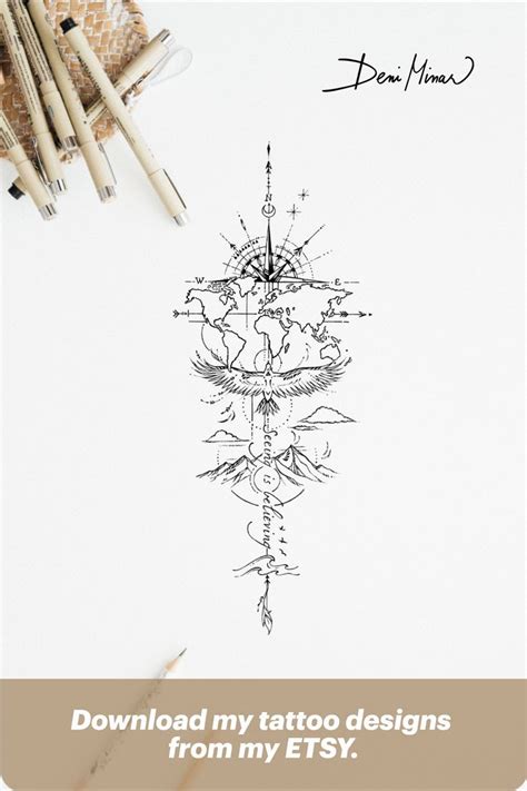 Travel lover delicate tattoo idea: custom line-drawing with world map, compass and mountains ...