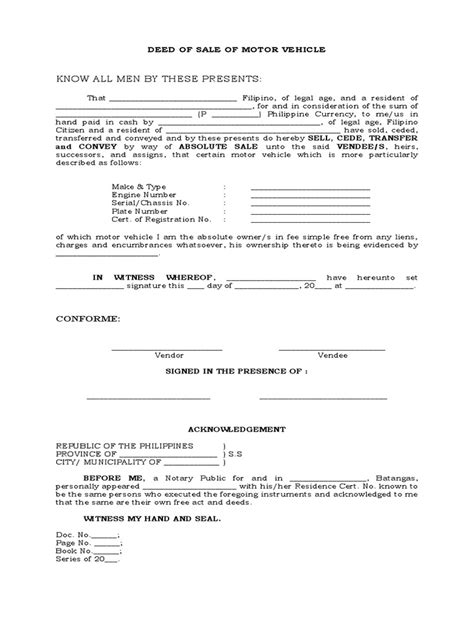 Deed Of Sale Of Motor Vehicle Pdf