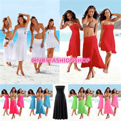 Women In Strapless Bikini Cover Up Bandeau Dress Swimwear Beach