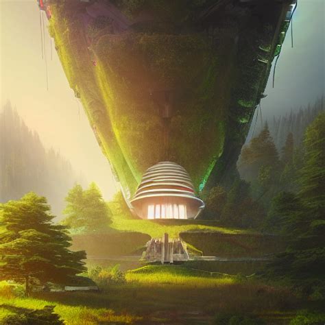 Krea Ai Futuristic Temple Tower Between Green Hills With B