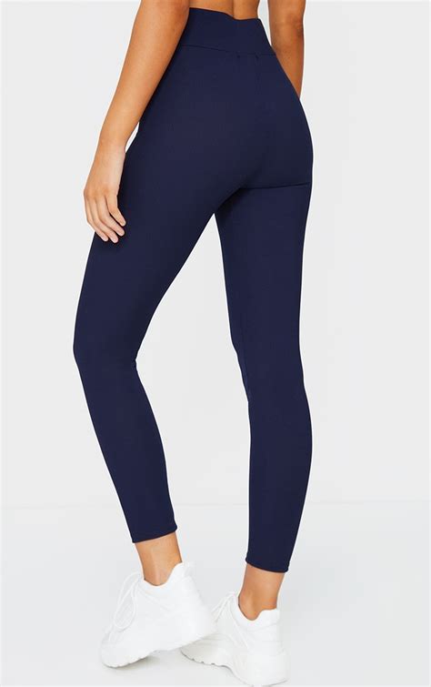 Navy Ribbed Leggings Trousers Prettylittlething Usa