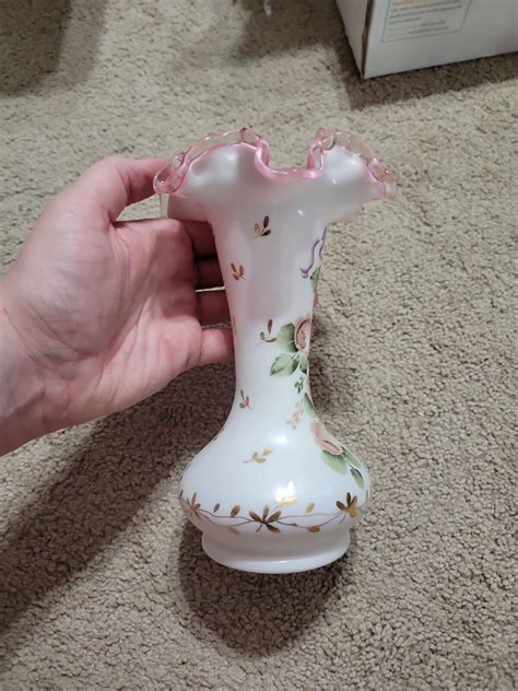 Fenton Charleton Peach Crest Ruffle Hand Painted Vase Floral Pink Rose