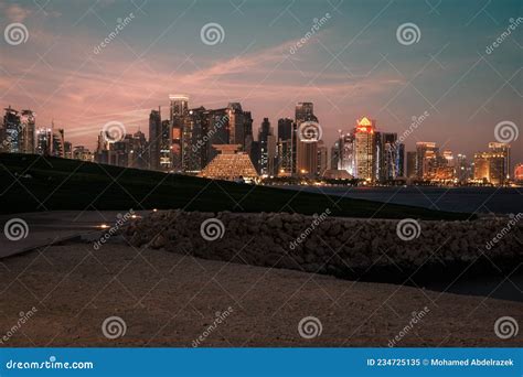 Doha Qatar Skyline at Night Editorial Image - Image of modern, east ...