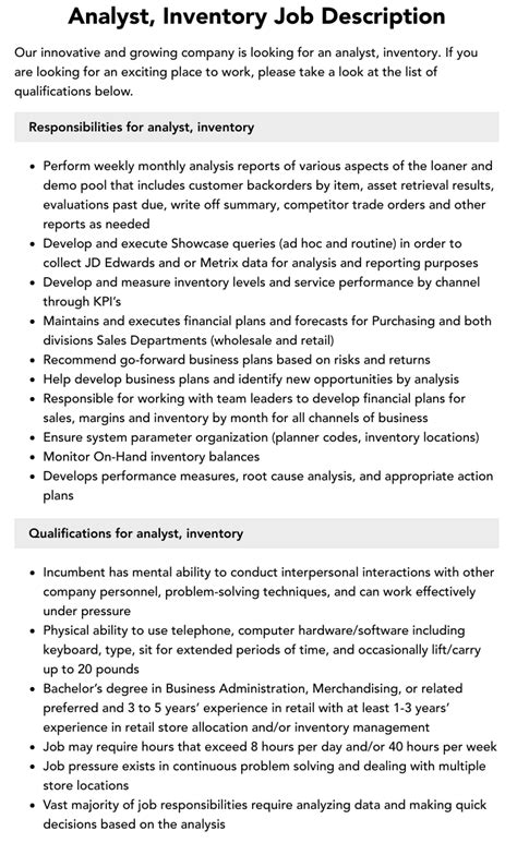 Analyst Inventory Job Description Velvet Jobs