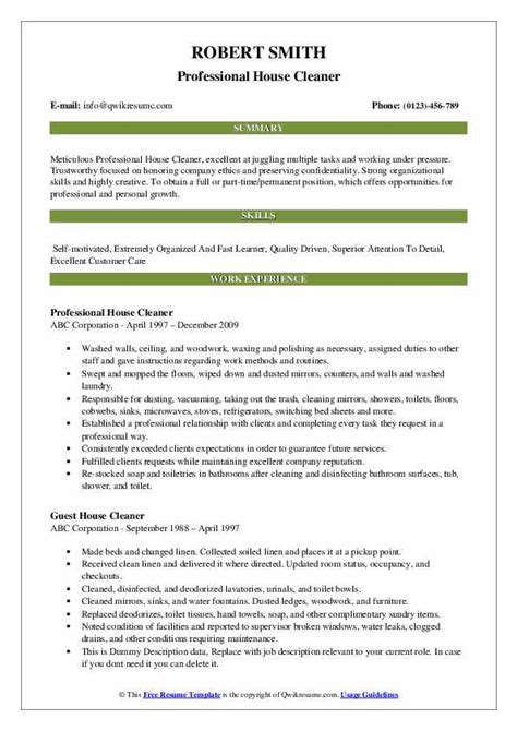 House Cleaner Resume Samples Qwikresume