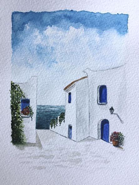 Watercolor Painting Of White Buildings With Blue Doors And Windows On