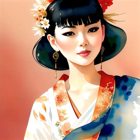 Premium Photo Illustration Watercolor Drawing Portrait Asian Woman Generative Art By Ai