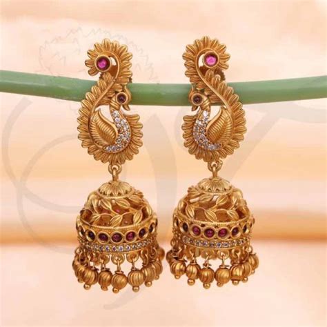 Peacock Design Jhumka Earrings Matt Finish Temple Jewellery Jhumkas