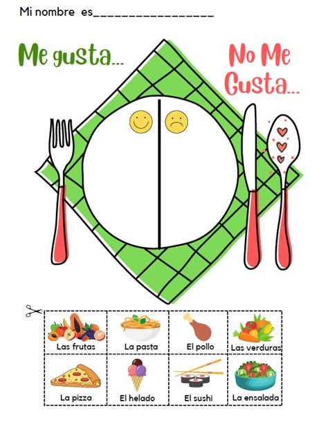 Cut And Paste Activity To Practice Me Gusta No Me Gusta Food Items