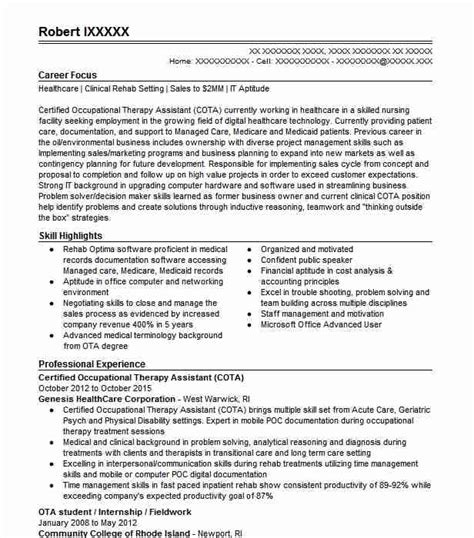 Certified Occupational Therapy Assistant Cota Resume Example