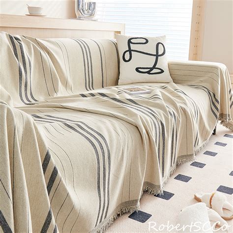 Simple Striped Sofa Cover One Piece Soft Slipcover With Tassel Etsy