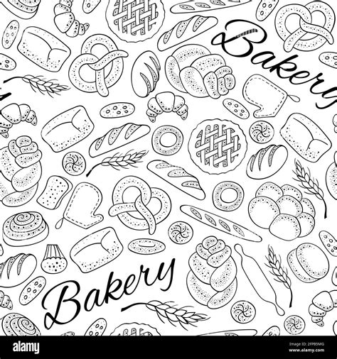 Hand Drawn Bakery Seamless Pattern Bread And Bun Doodles Vector Illustration Stock Vector