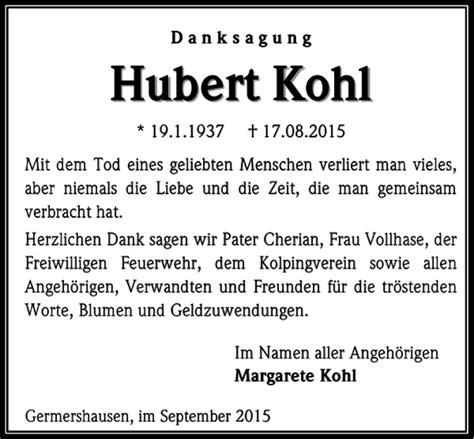 Traueranzeigen Von Hubert Kohl Trauer Anzeigen De