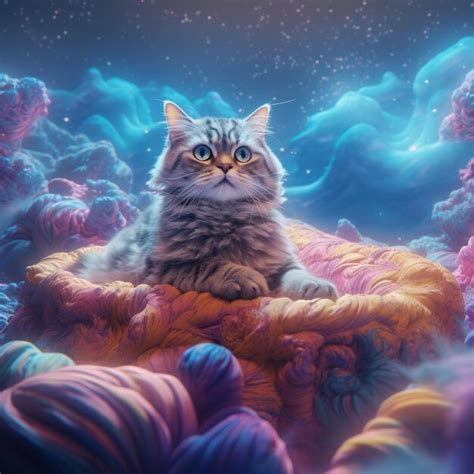 Una Pintura De Un Gato En Una Nube Con Un Fondo Azul Foto Premium