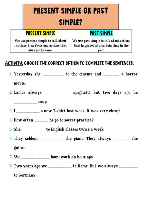 An English Worksheet With The Words Present Simple Or Past