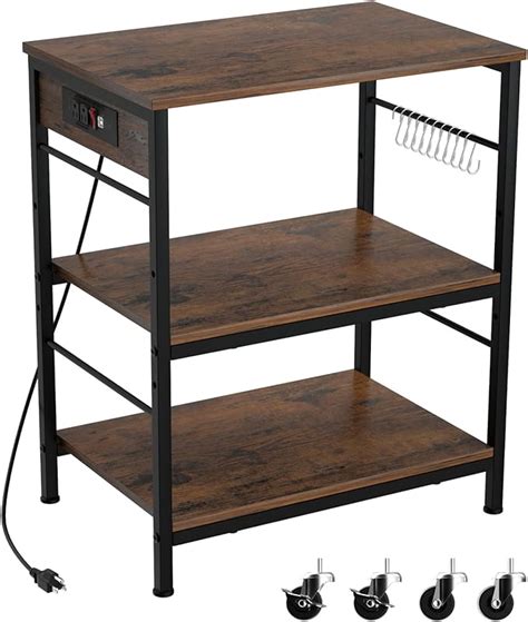 Bakers Rack With Power Outlet Kitchen Microwave Stand Cart 3 Tier