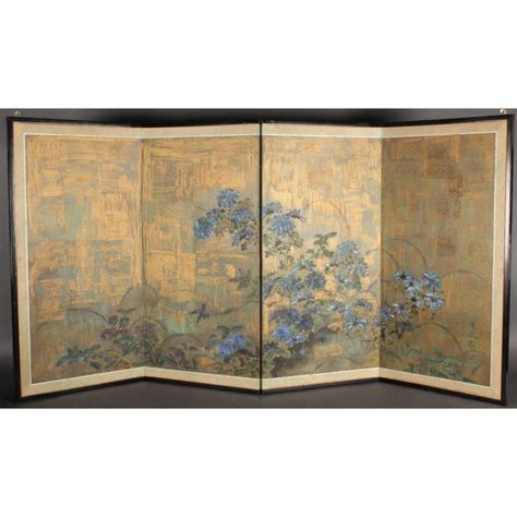 Japanese Gilt Wall Screen With Blue Flowers Furniture Oriental