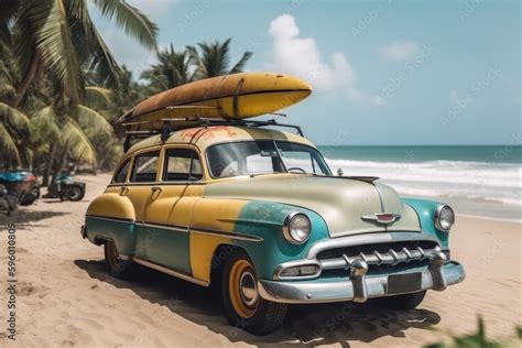 Vintage car with surfboard on the beach, vintage car on the beach ...