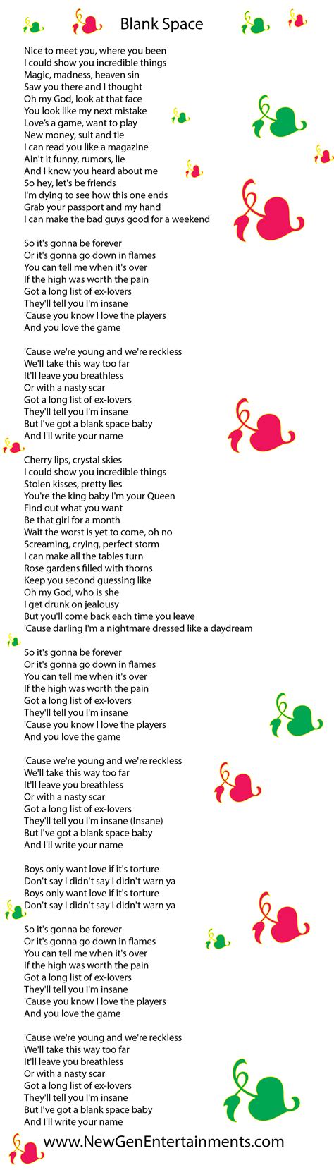 Blank Space Lyrics Taylor Swift New Gen Entertainments
