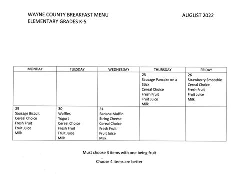 August and September Breakfast and Lunch Menus | Wayne County Schools