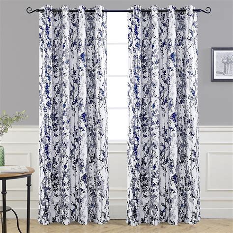 Set 2 Navy Blue Gray Grey White Floral Curtains Panels Drapes 84 in L ...