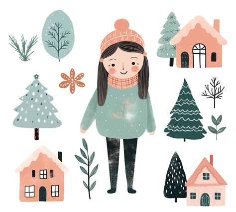 Scandi Christmas Elements Cute Girl Trees Houses Set Of Hand Drawn