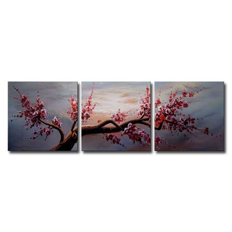 Plum Blossom 517 3 Piece Gallery Wrapped Hand Painted Canvas Art Set